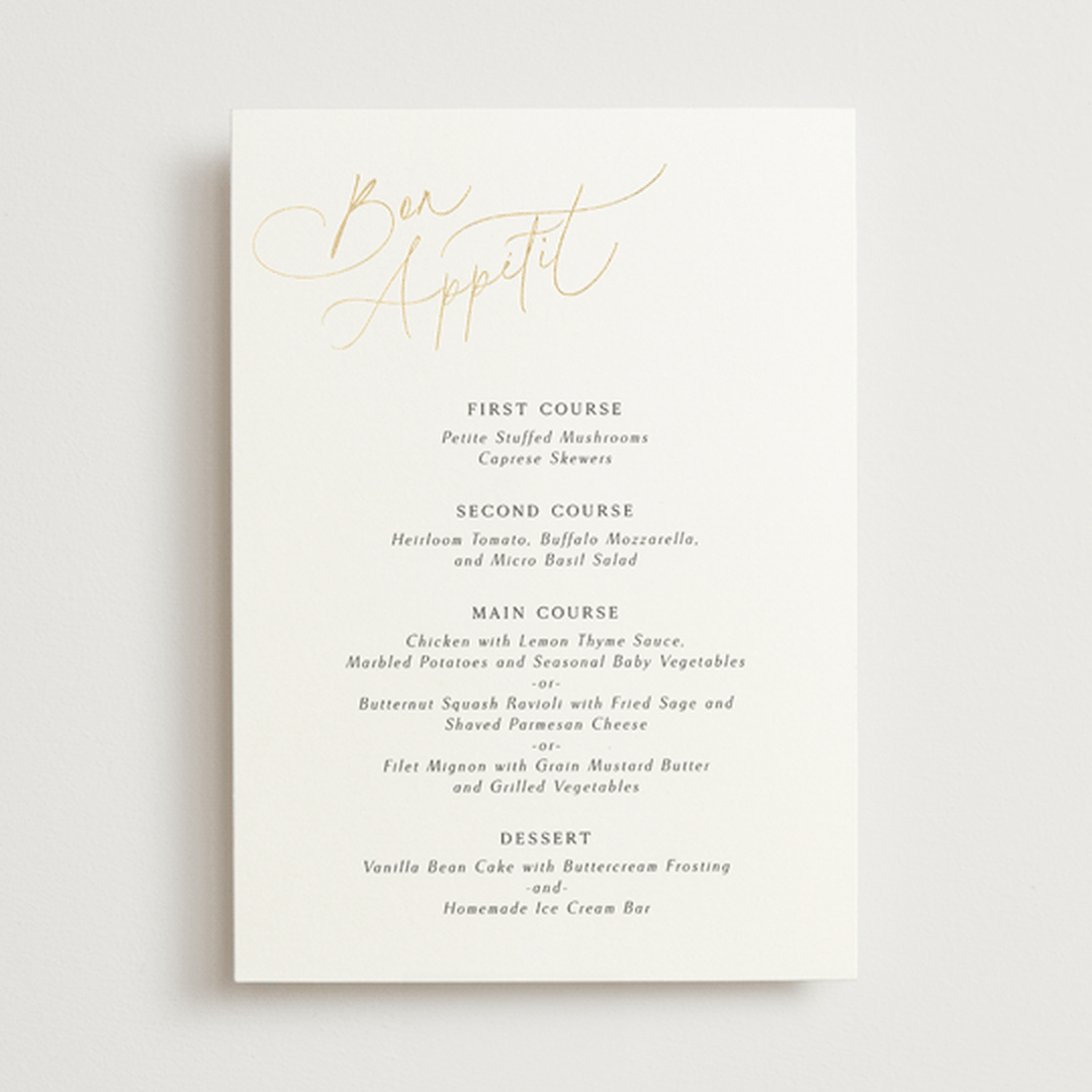 "The Wedding" - Foil-Pressed Menus in Marshmallow by Kaydi Bishop - Front