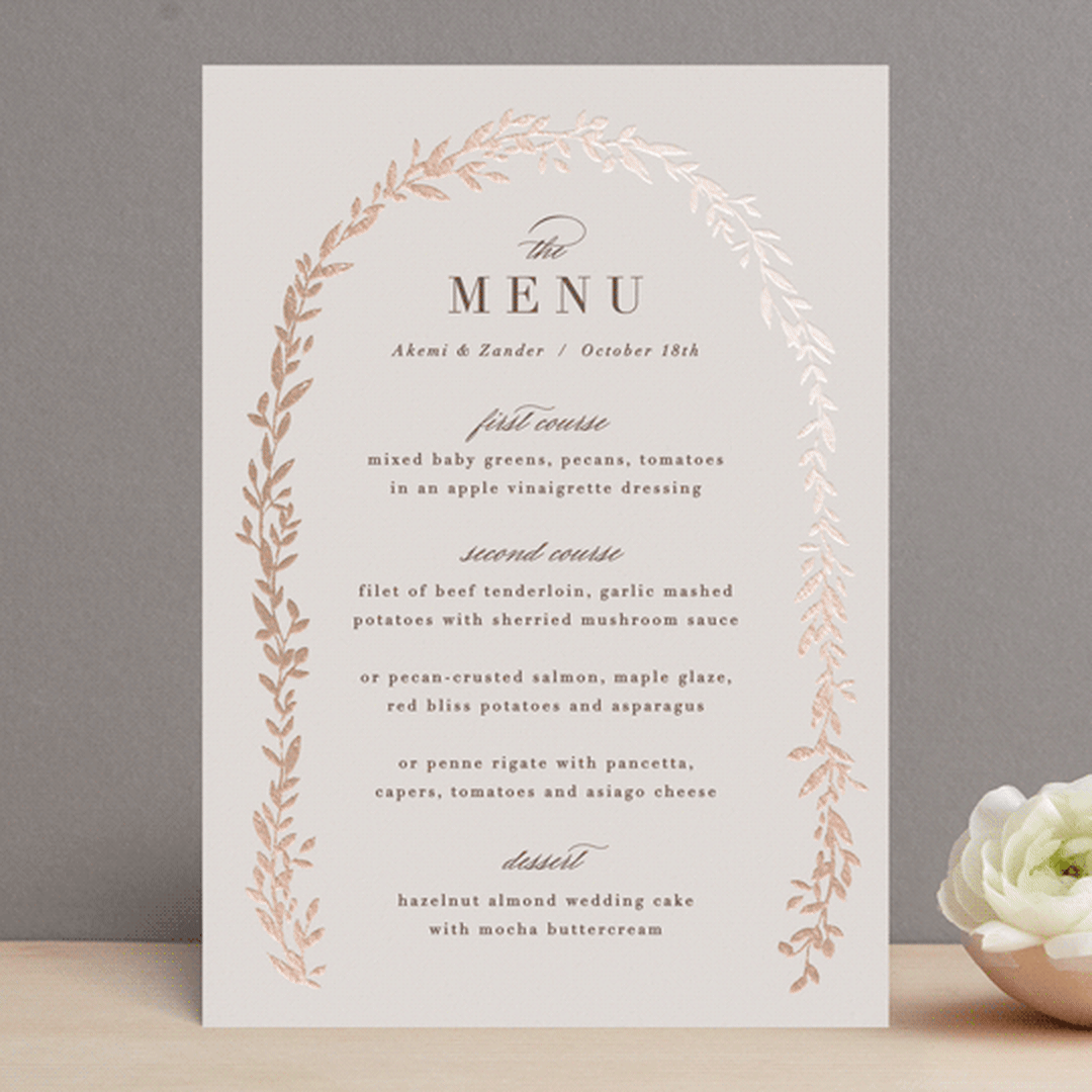 "Autumnal Arch" - Foil-Pressed Menus in Blush by Hooray Creative - Front