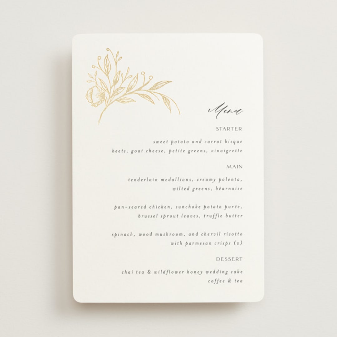 "KEIRAH" - Foil-Pressed Menus in Pearl by Melanie Kosuge - Front
