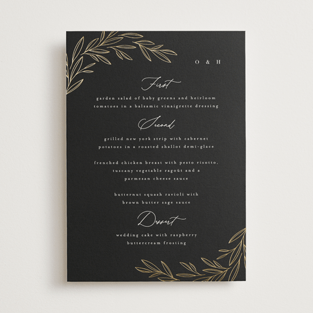 "Bianca" - Foil-Pressed Menus in Ink by Kristie Kern - Front