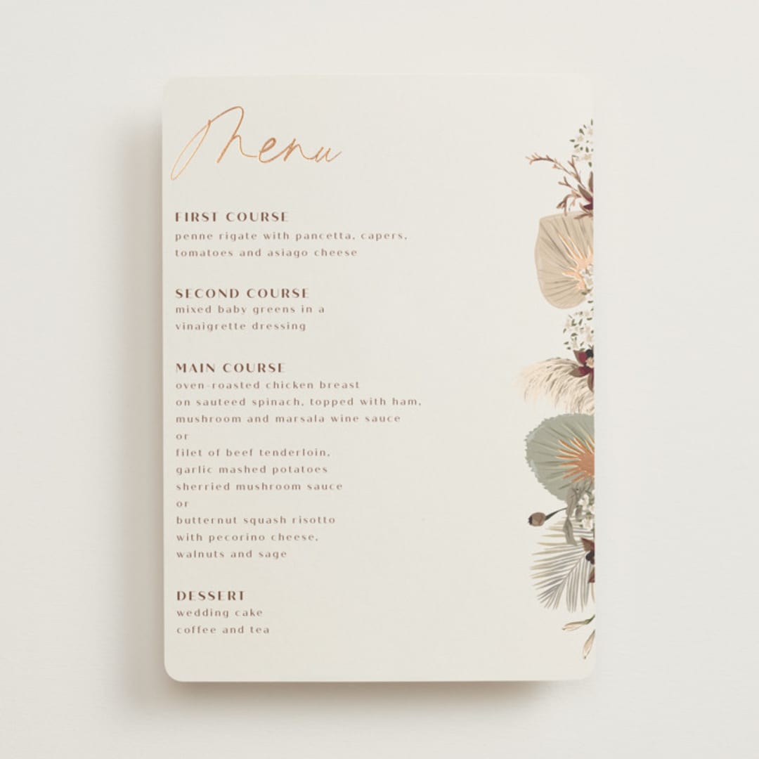 "Jasmine" - Foil-Pressed Menus in Dusk by Susan Moyal - Front