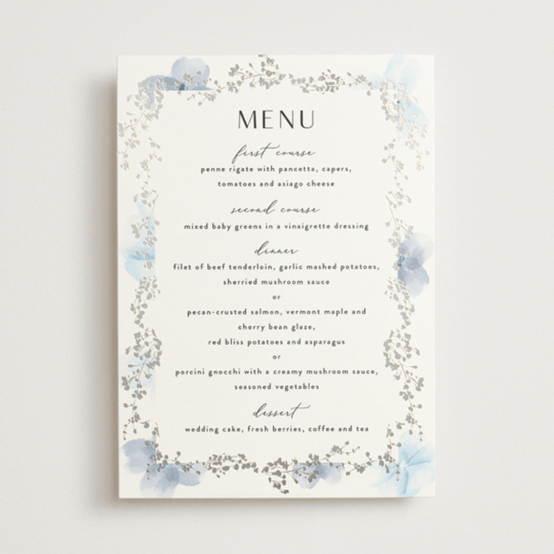 "Layered florals" - Foil-Pressed Menus in Serenity by Susan Moyal - Front