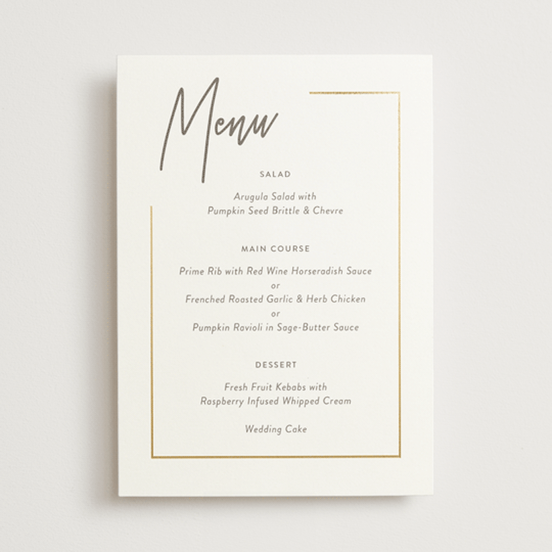 "Balanced" - Foil-Pressed Menus in Milk White by Robin Ott - Front