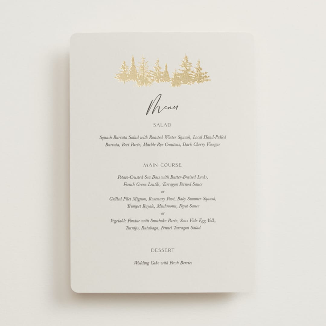 "Vista" - Foil-Pressed Menus in Fallen Snow by Robin Ott - Front