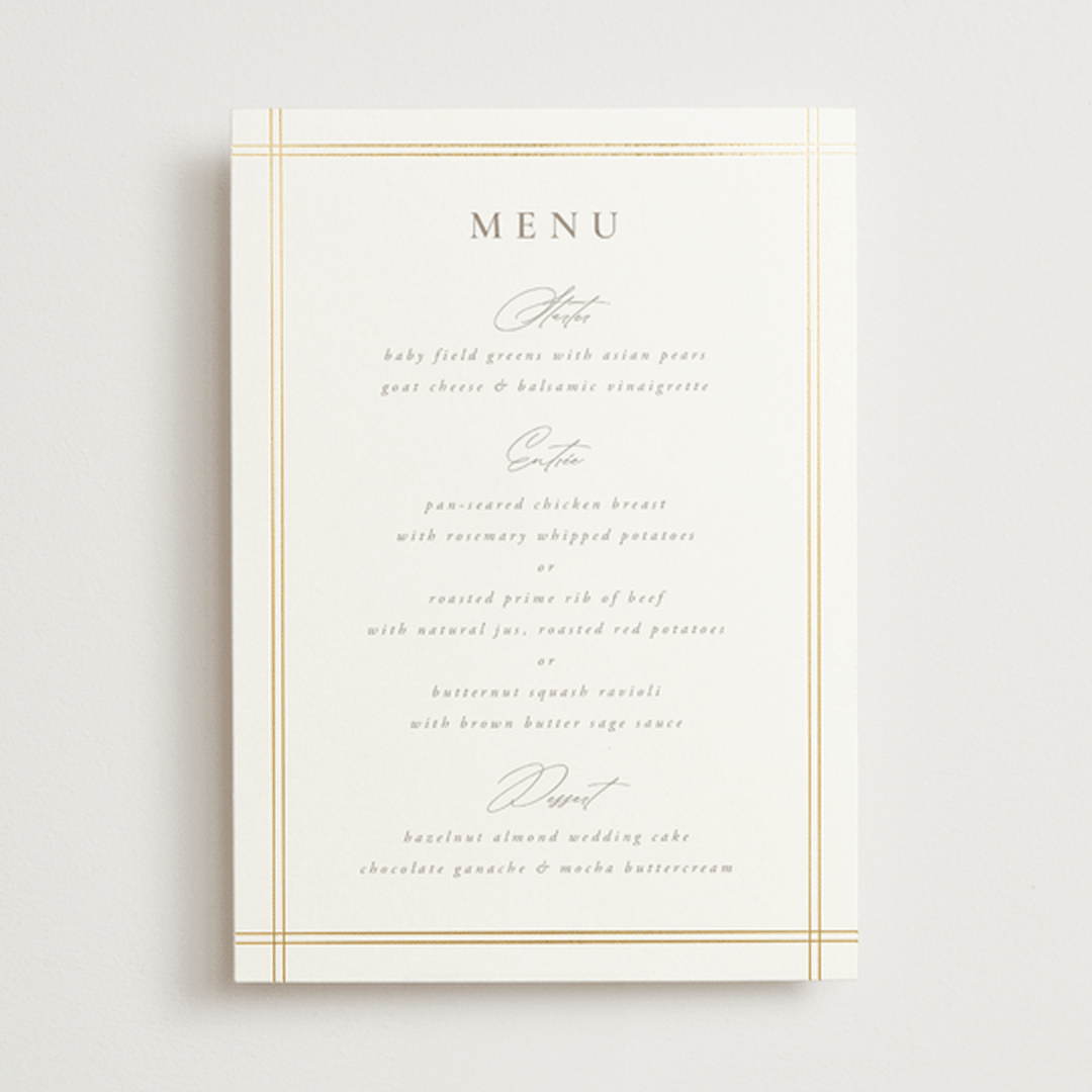 "Classic Line Frame" - Foil-Pressed Menus in Silk by Wildfield Paper Co - Front