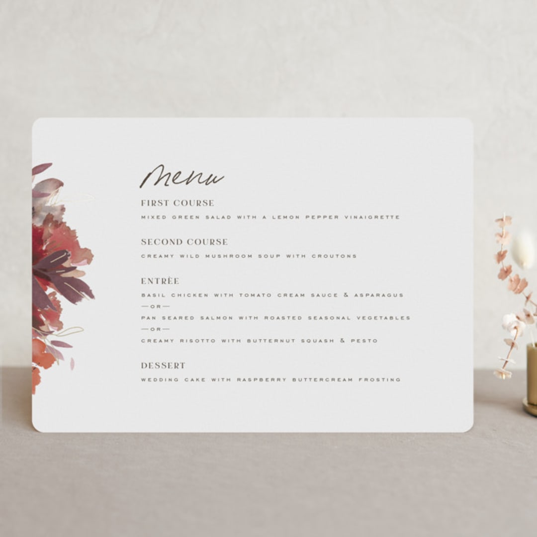 "Autumn Hymnal" - Foil-Pressed Menus in Blush by Leah Bisch - Front