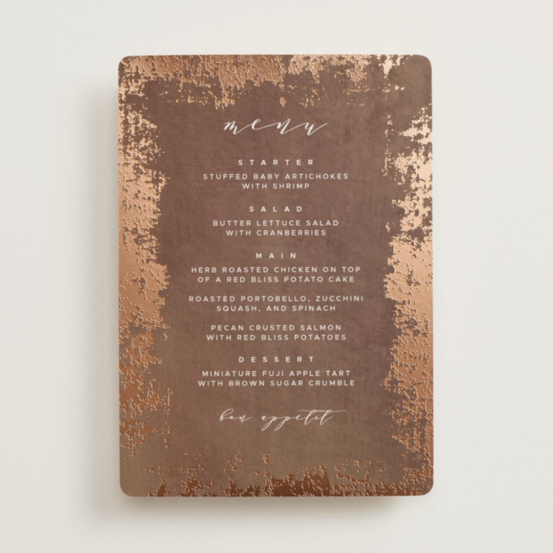 "Woodland Hills" - Foil-Pressed Menus in Copper by Eric Clegg - Front