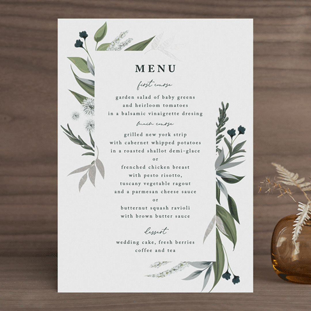 "Soft Greenery" - Foil-Pressed Menus in Twilight by Susan Moyal - Front