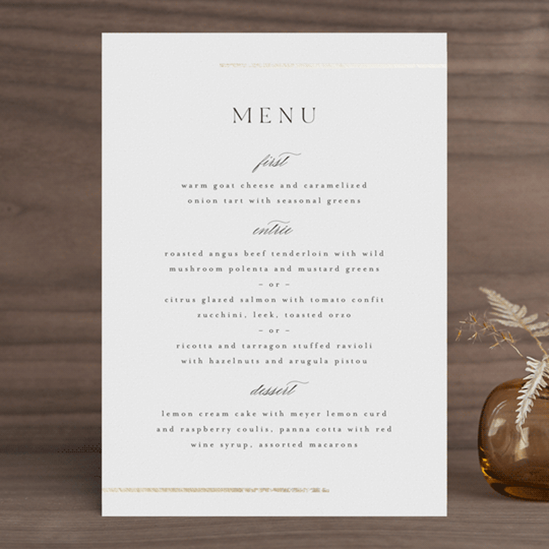 "Henley" - Foil-Pressed Menus in Quartz by Kristie Kern - Front