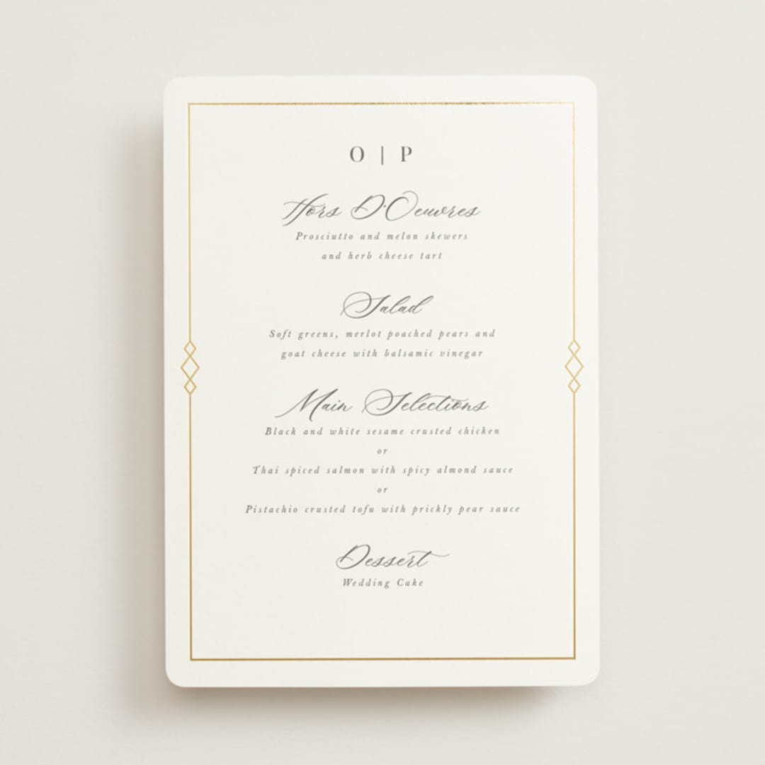 "Regent" - Foil-Pressed Menus in Opal by Robert and Stella - Front