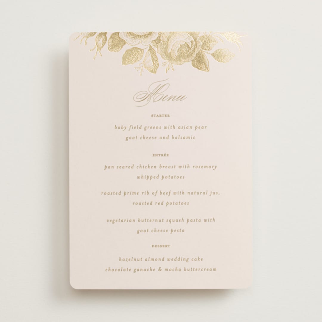 "Idyllic" - Foil-Pressed Menus in Petal by Design Lotus - Front