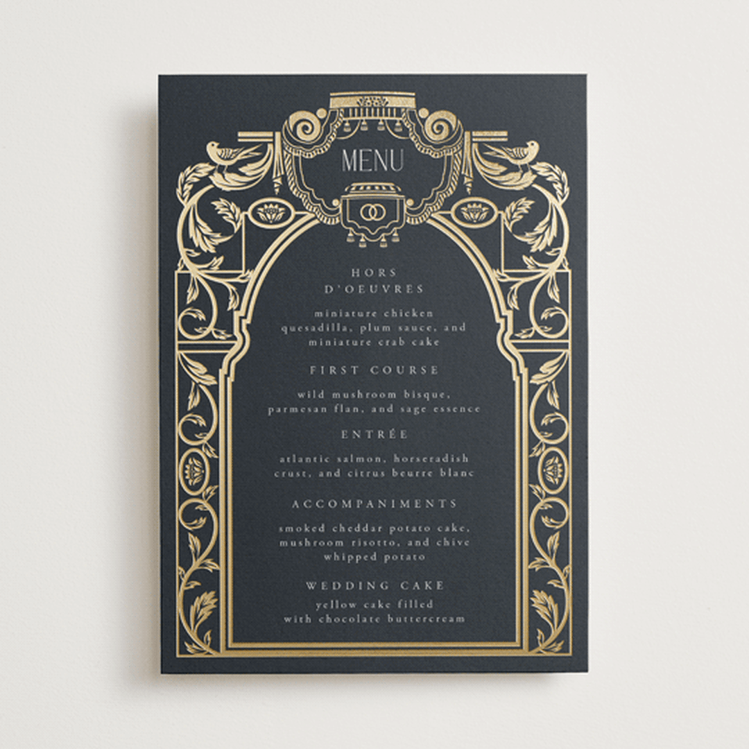 "Mirror" - Foil-Pressed Menus in Onyx by Ana de Sousa - Front
