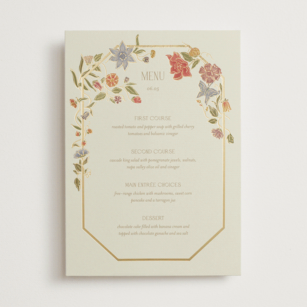 "Radiant Botany" - Foil-Pressed Menus in Mint by Simona Camp - Front
