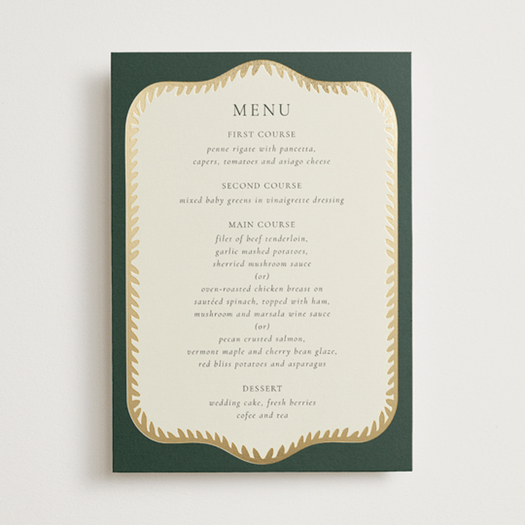 "Frame" - Foil-Pressed Menus in Emerald by Jen Owens - Front