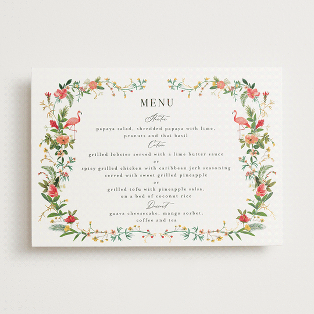 "Tropica" - Foil-Pressed Menus in Papaya by Susan Moyal - Front
