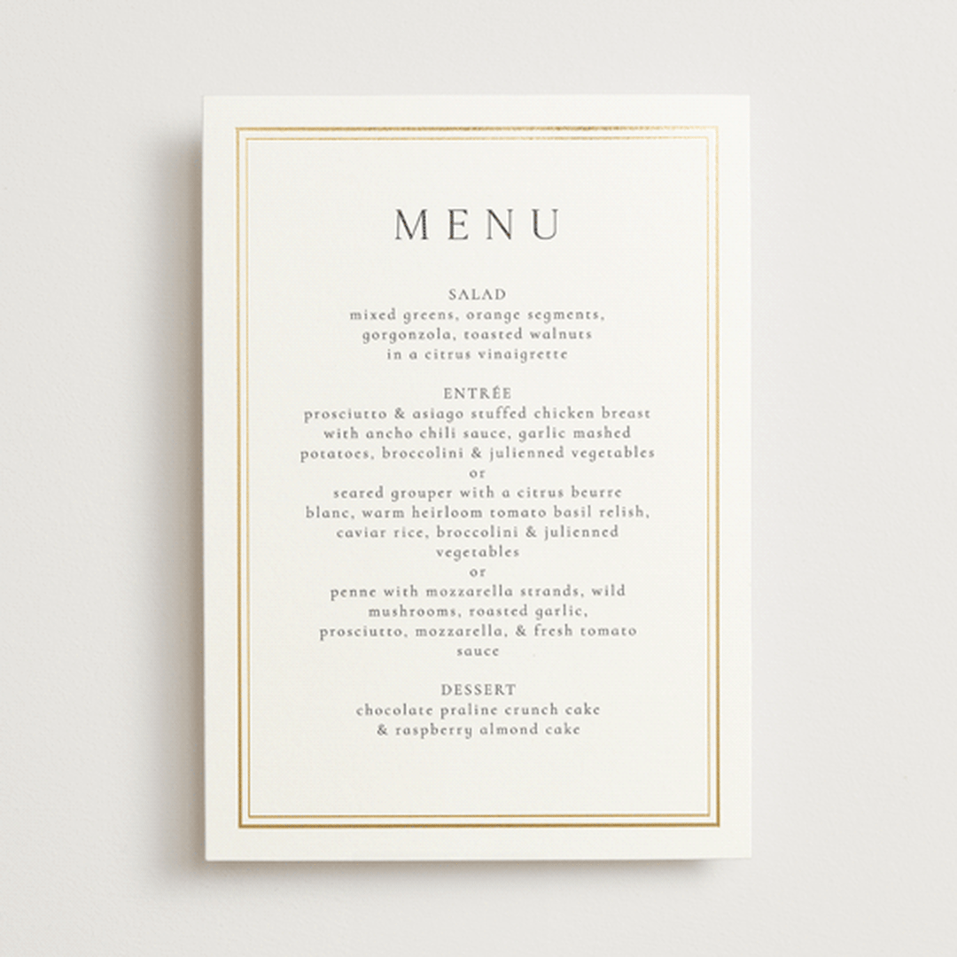 "Lustre" - Foil-Pressed Menus in Cloud by Nicole Walsh - Front