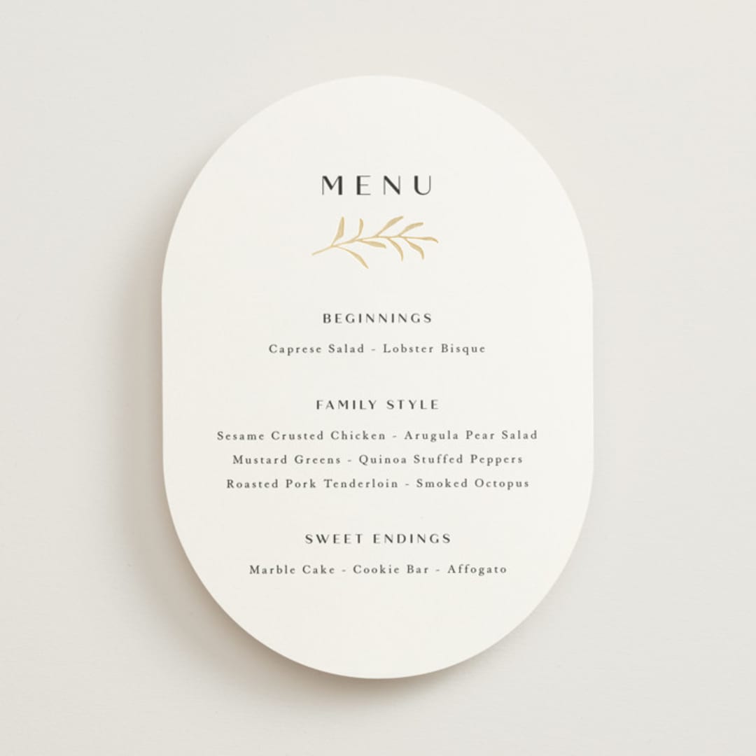"Petite Sprig" - Foil-Pressed Menus in Black Dahlia by Olivia Raufman - Front