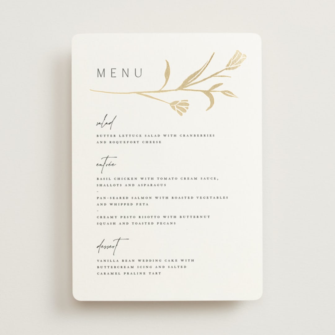 "Perennial" - Foil-Pressed Menus in Cotton by Amy Kross - Front