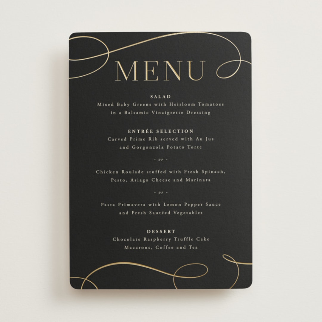 "Black Tie Affair" - Foil-Pressed Menus in Onyx by Hooray Creative - Front