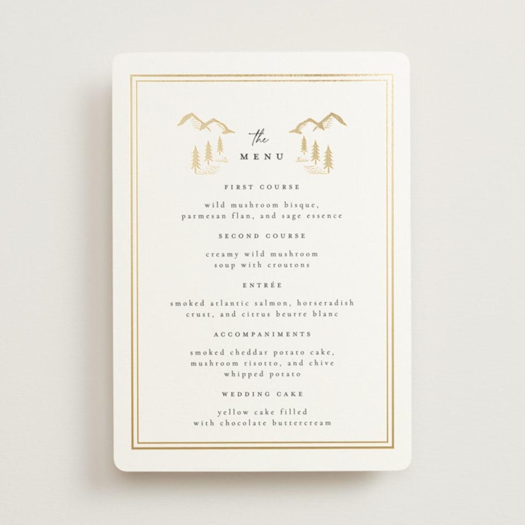 "Summit Serenity" - Foil-Pressed Menus in Quartz by Ana de Sousa - Front