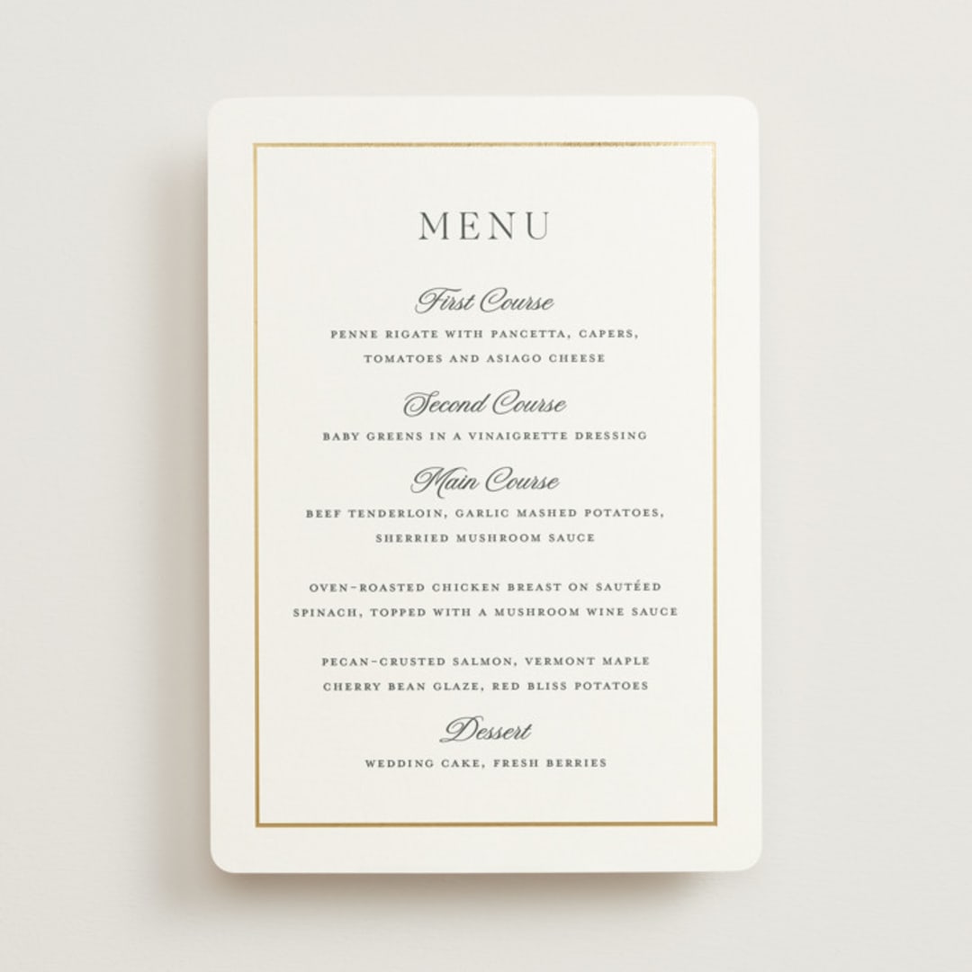 "Opulence" - Foil-Pressed Menus in Pearl by Stacey Meacham - Front