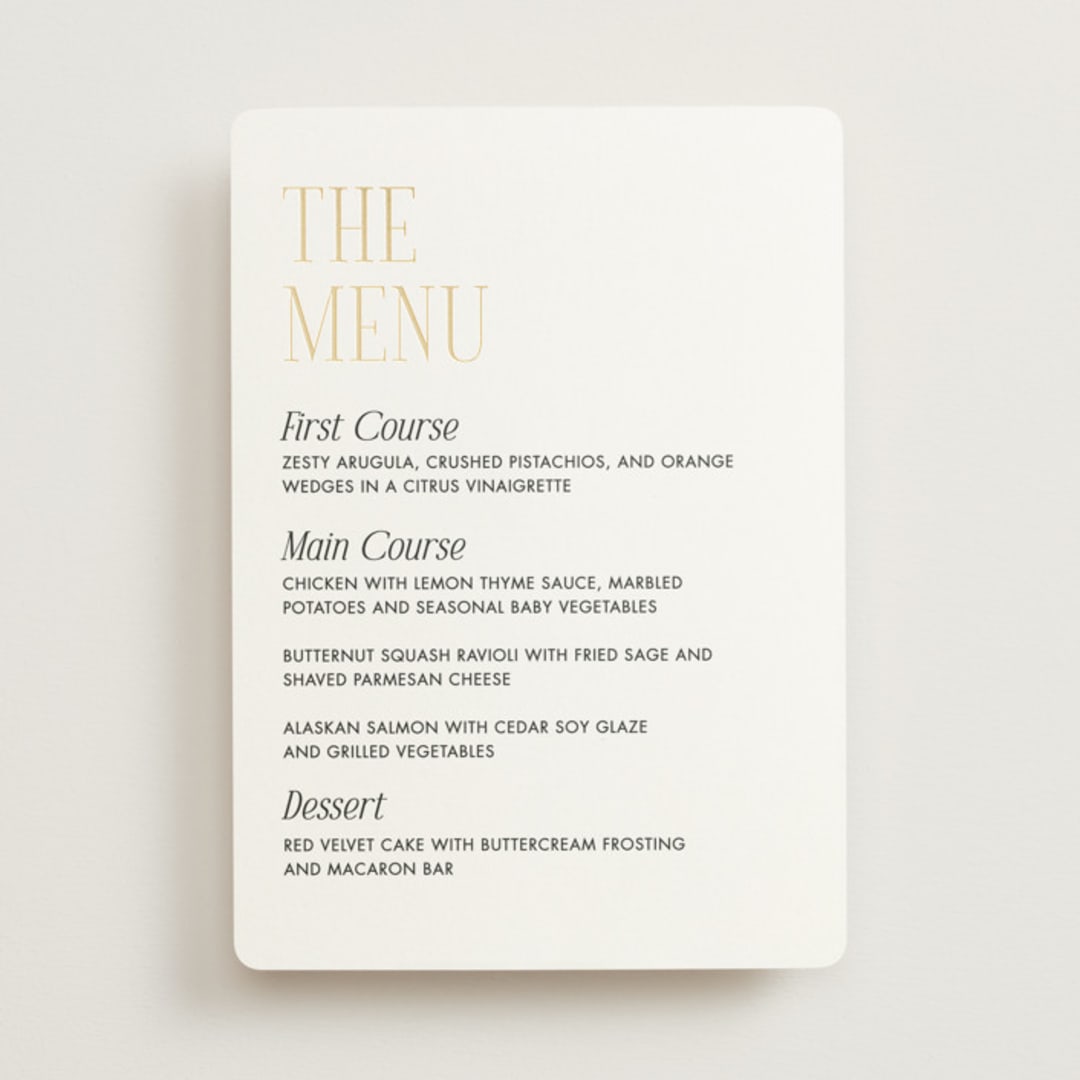 "Magazine" - Foil-Pressed Menus in Lace by Kaydi Bishop - Front