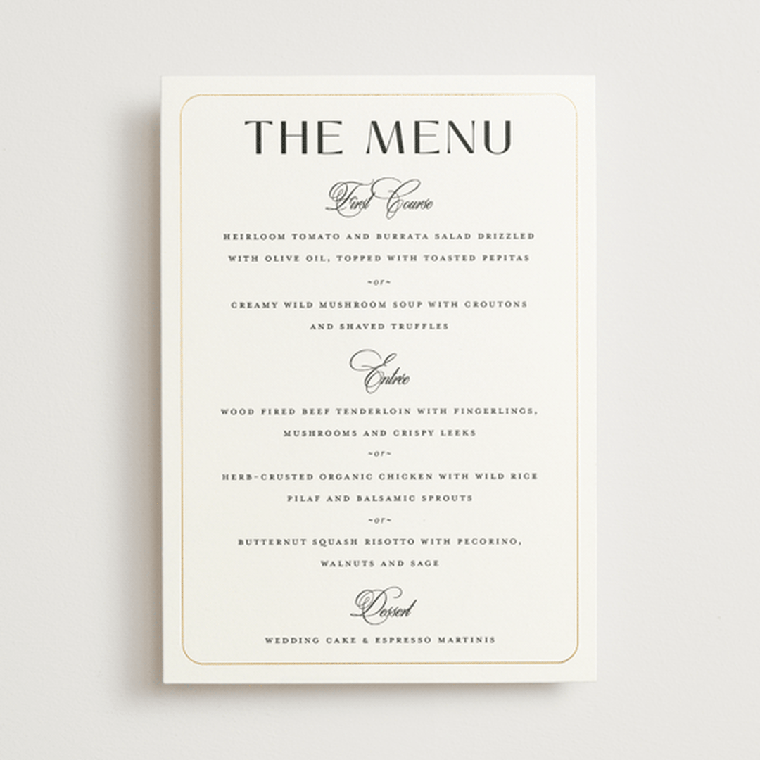 "Loren" - Foil-Pressed Menus in Cotton by Christie Garcia - Front