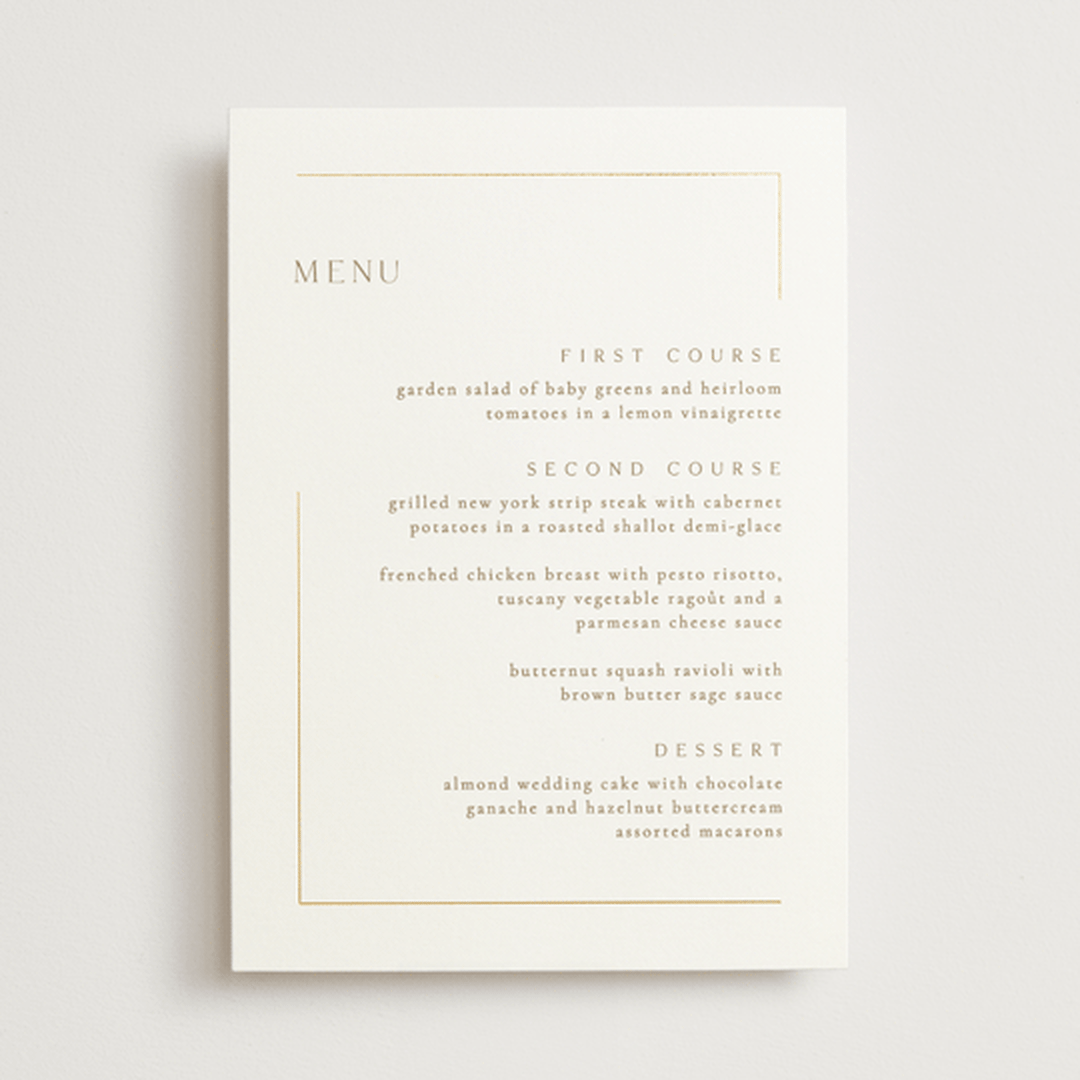 "The Gallery" - Foil-Pressed Menus in Quartz by Kristie Kern - Front