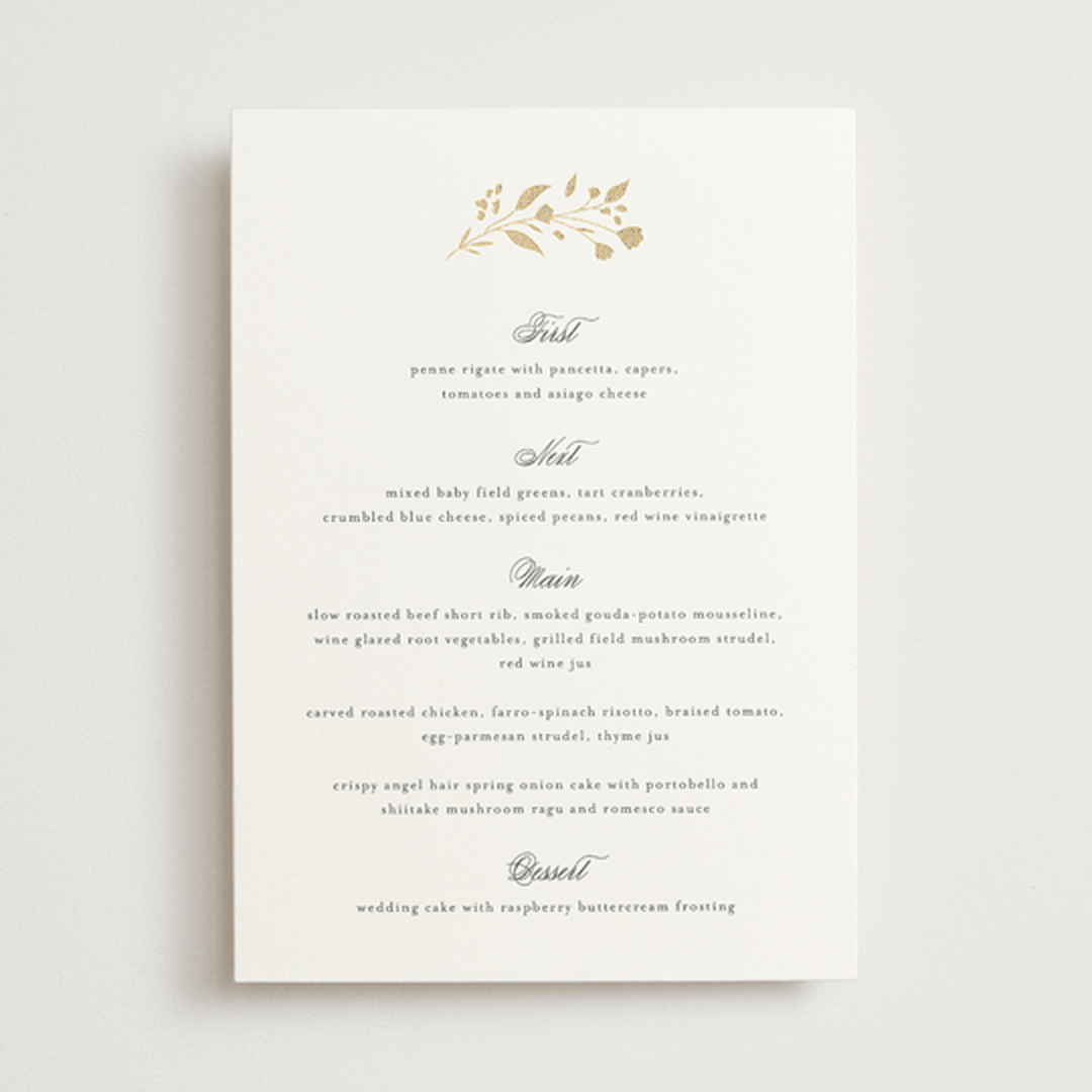 "Embrace" - Foil-Pressed Menus in Cloudy by Jennifer Postorino - Front