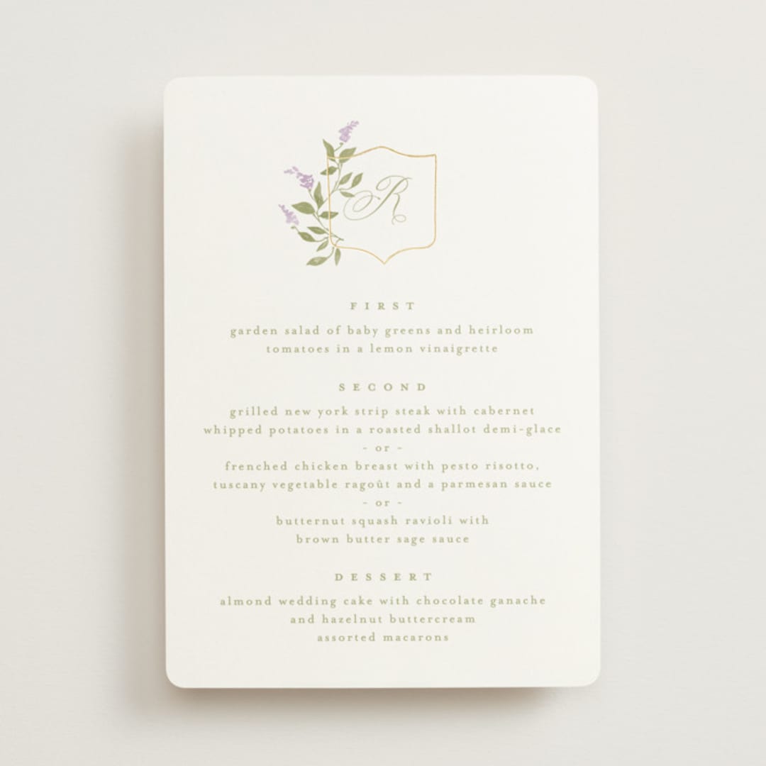 "Marmont" - Foil-Pressed Menus in Lilac by Kristie Kern - Front