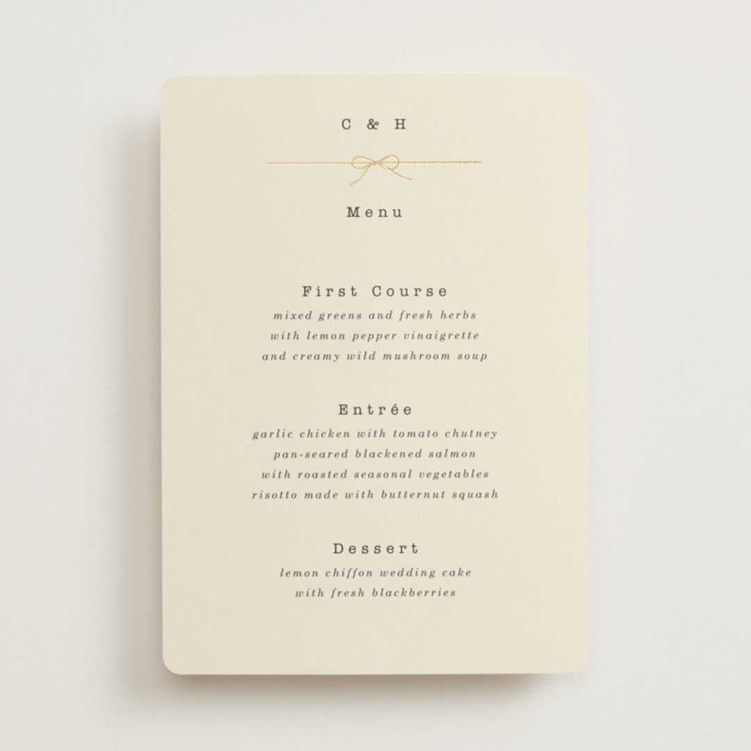 "Bow Tie" - Foil-Pressed Menus in Ivory by Baumbirdy - Front