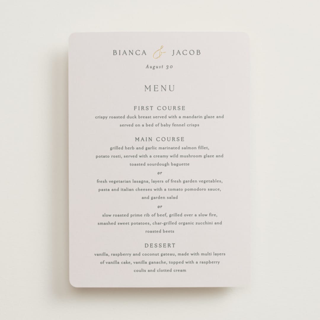"Eloquent" - Foil-Pressed Menus in Ivory by Angela Thompson - Front