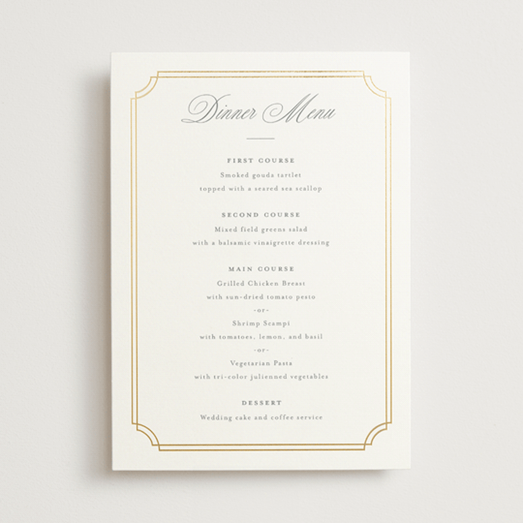 "Formally" - Foil-Pressed Menus in Mist by Sarah Brown - Front