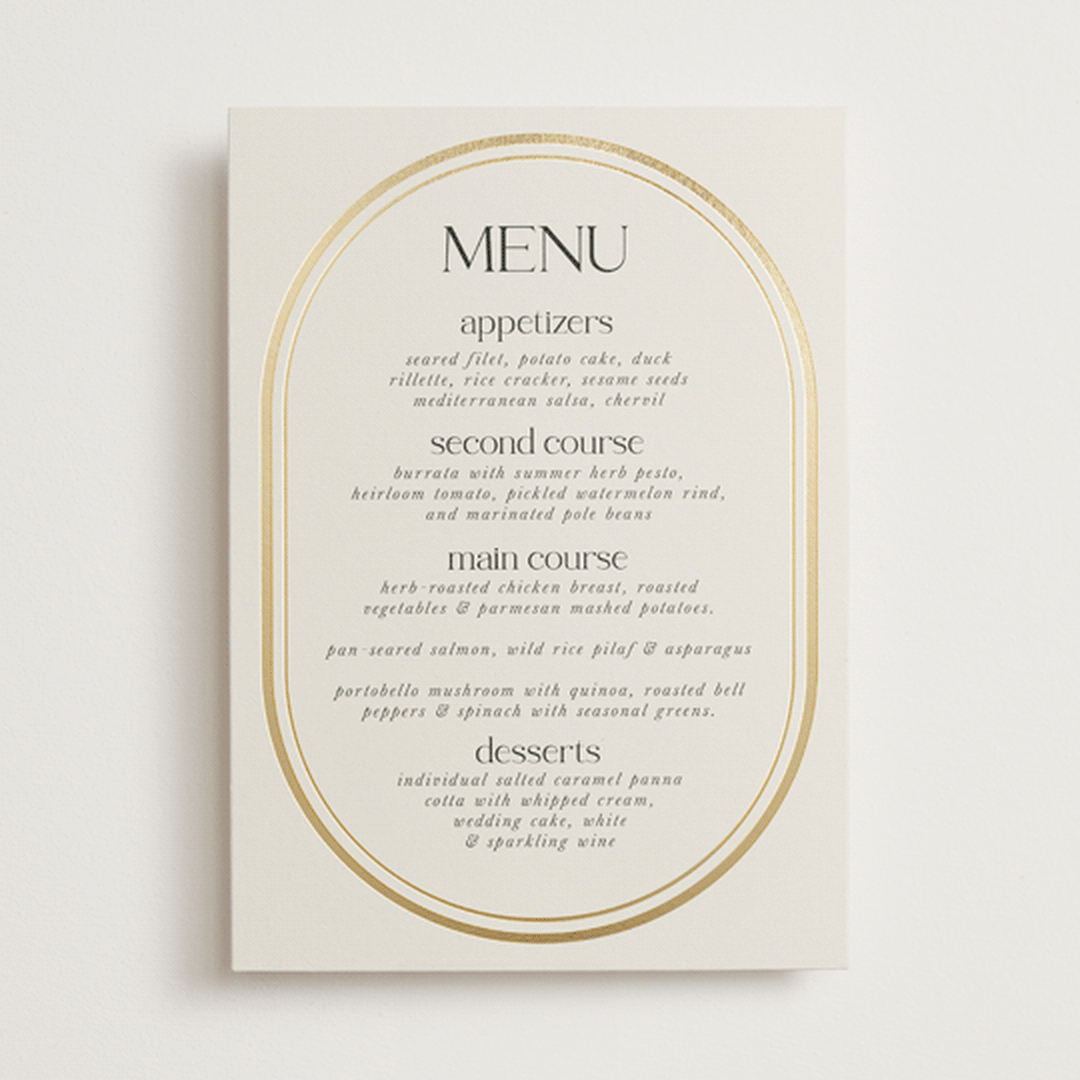 "oval" - Foil-Pressed Menus in Sandstone by Lori Wemple - Front