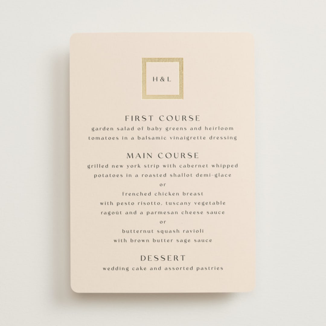 "Framed Photo" - Foil-Pressed Menus in Latte by Stacy Maalouf - Front