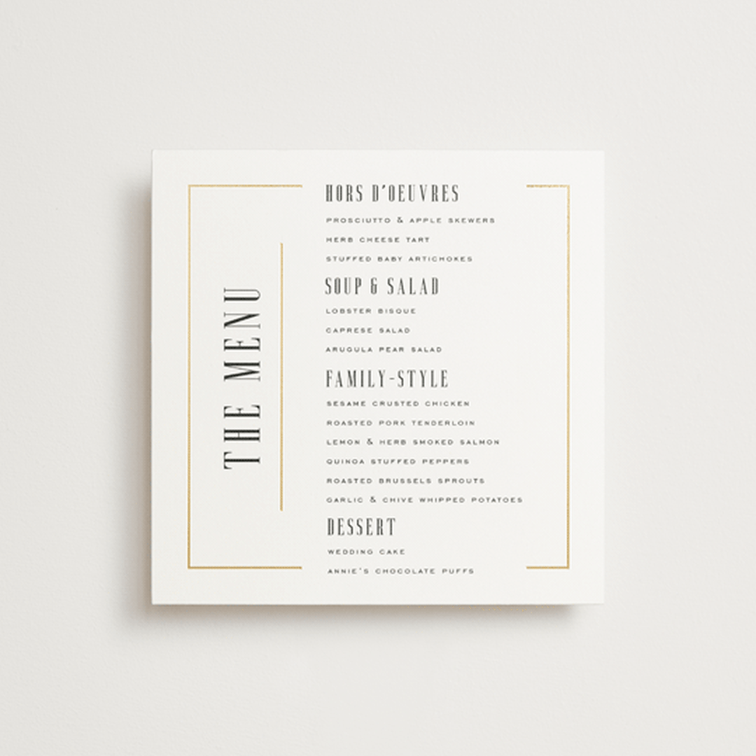 "Documentary" - Foil-Pressed Menus in Lily by Heather Schertzer - Front
