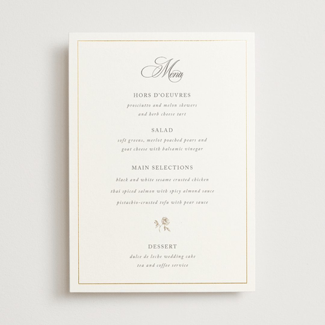 "Here With You" - Foil-Pressed Menus in Classic Bride by Design Lotus - Front