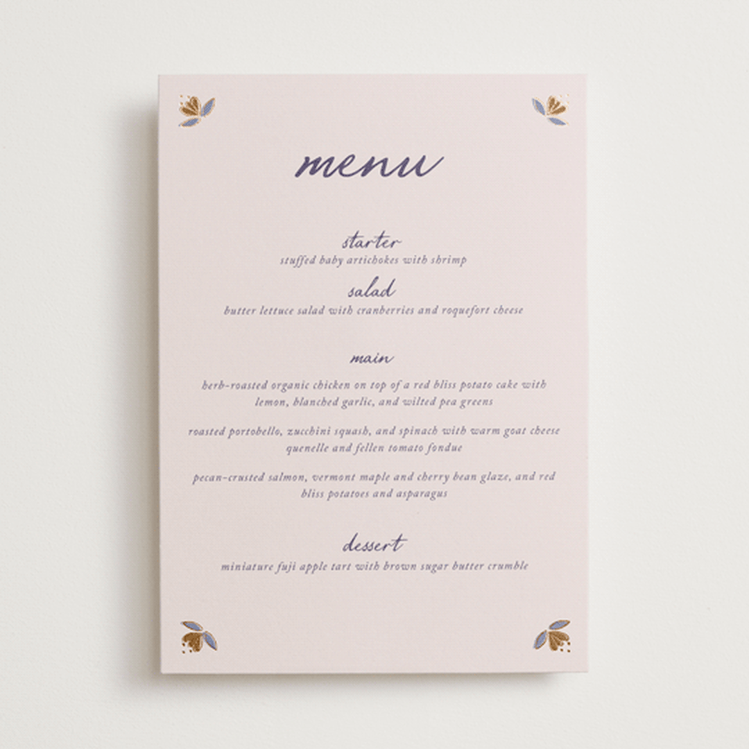 "Together in Bloom" - Foil-Pressed Menus in Wisteria by Monika Konieczna - Front