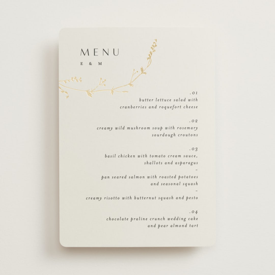 "Vine Wrap" - Foil-Pressed Menus in Cotton by Amy Kross - Front