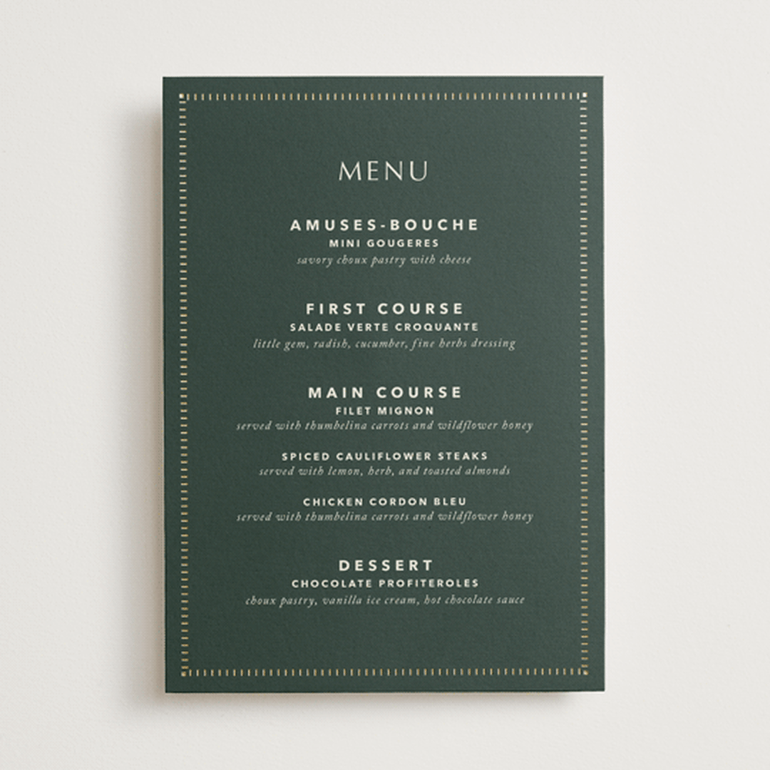 "deco arch" - Foil-Pressed Menus in Fir by Kindred Fields - Front