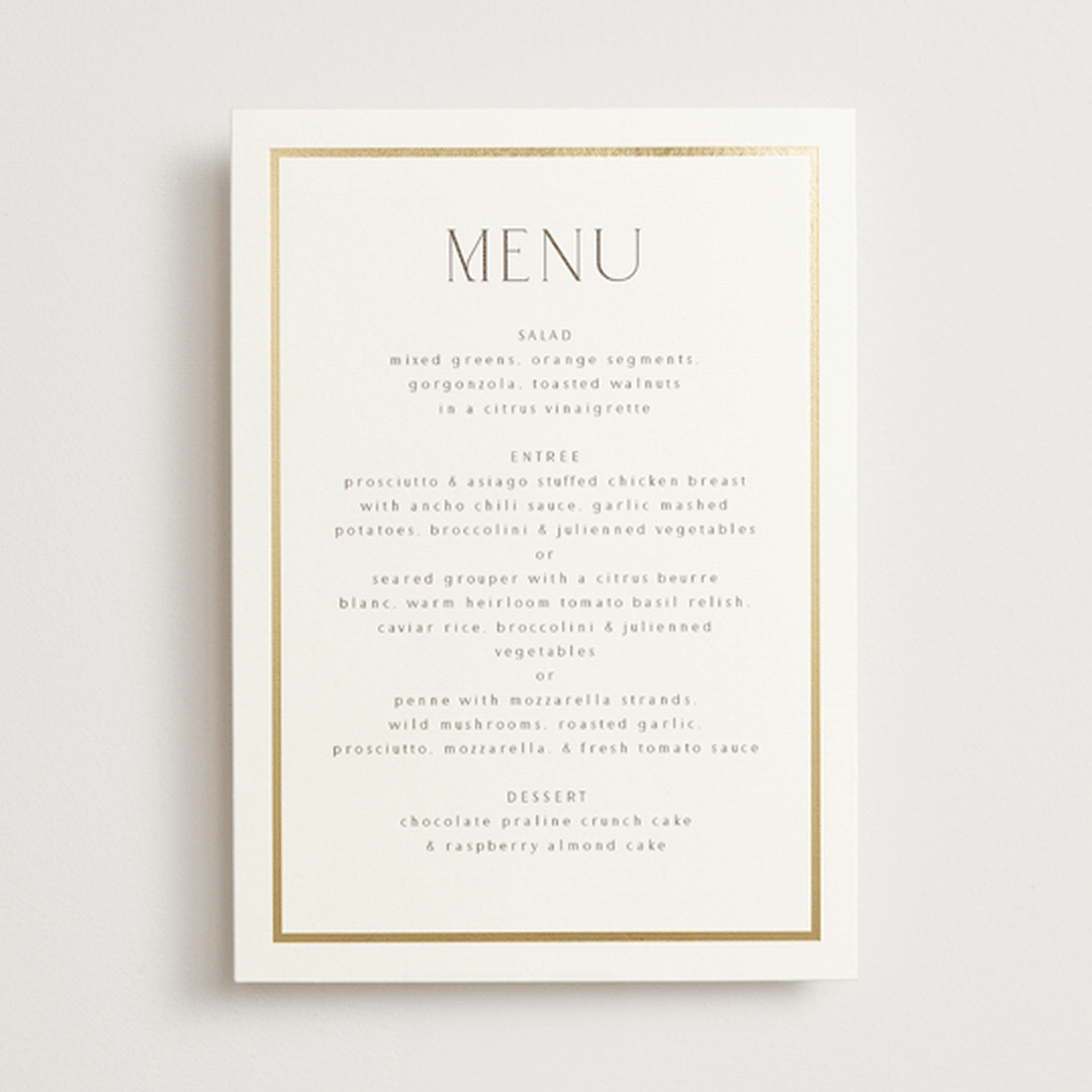"Regal" - Foil-Pressed Menus in Porcelain by Nicole Walsh - Front