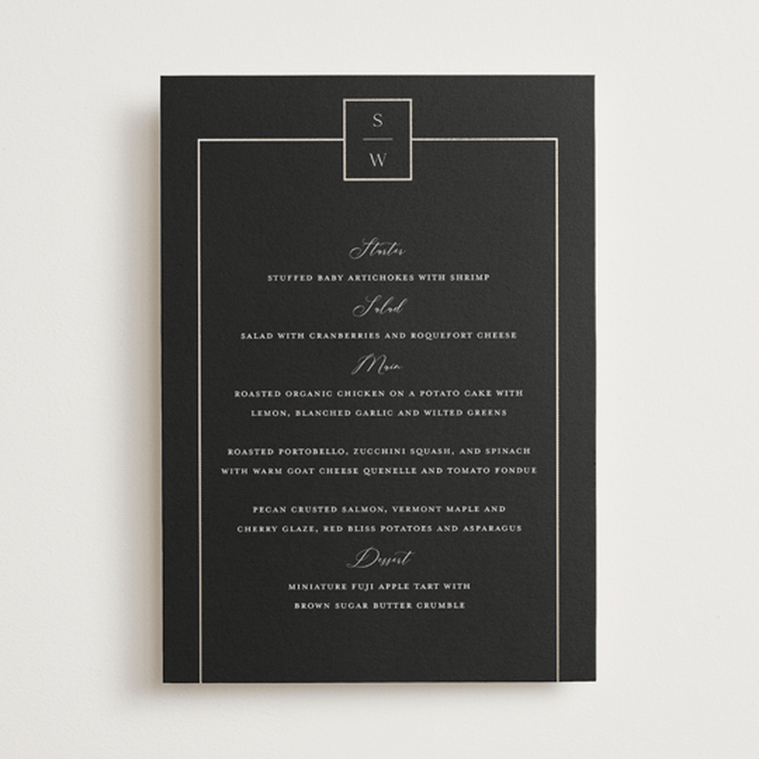"Elegant Station" - Foil-Pressed Menus in Noir by Stacey Meacham - Front