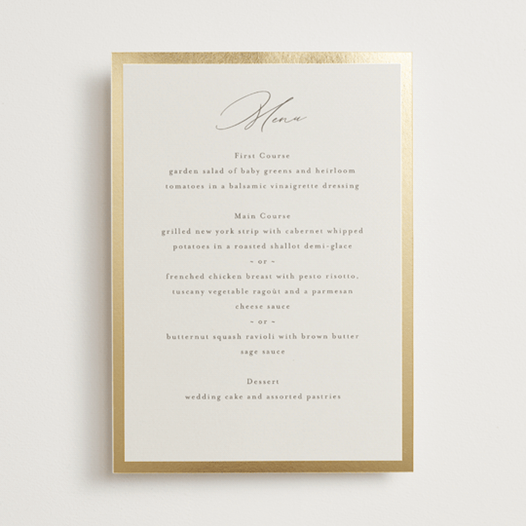 "Surround" - Foil-Pressed Menus in Sand by Nicole Walsh - Front