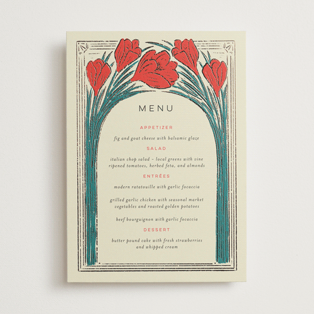 "Deco Spring Florals" - Foil-Pressed Menus in Birch by Shiny Penny Studio - Front