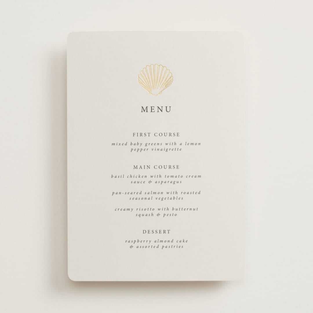 "Simple Seashell" - Foil-Pressed Menus in Sand by Hannah Bowman - Front