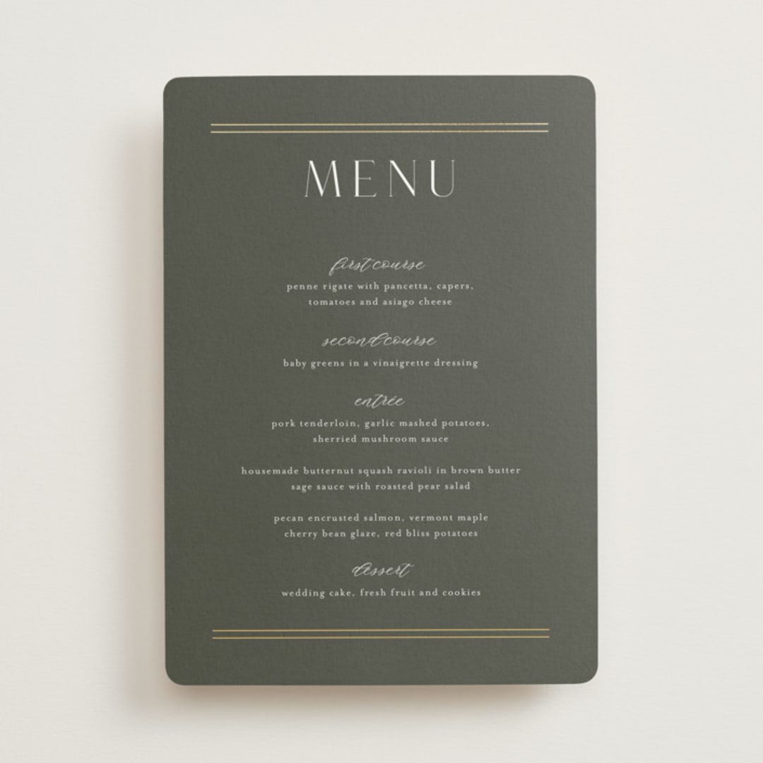 "Perfect Pair" - Foil-Pressed Menus in Olive by Stacey Meacham - Front
