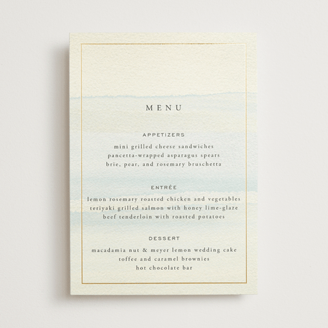 "Contemplate" - Foil-Pressed Menus in Sand by Janean Hinger - Front