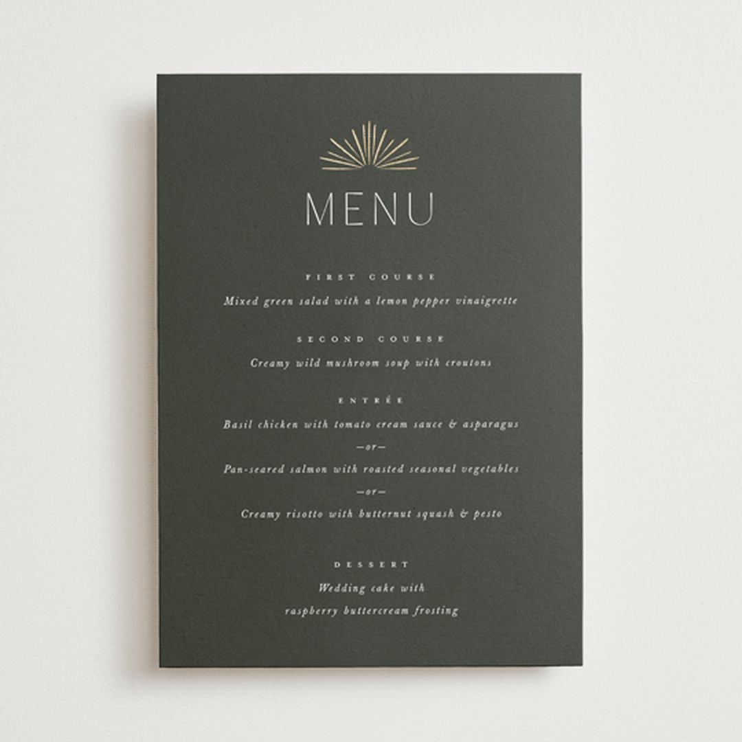 "Fringe" - Foil-Pressed Menus in Midnight by Leah Bisch - Front