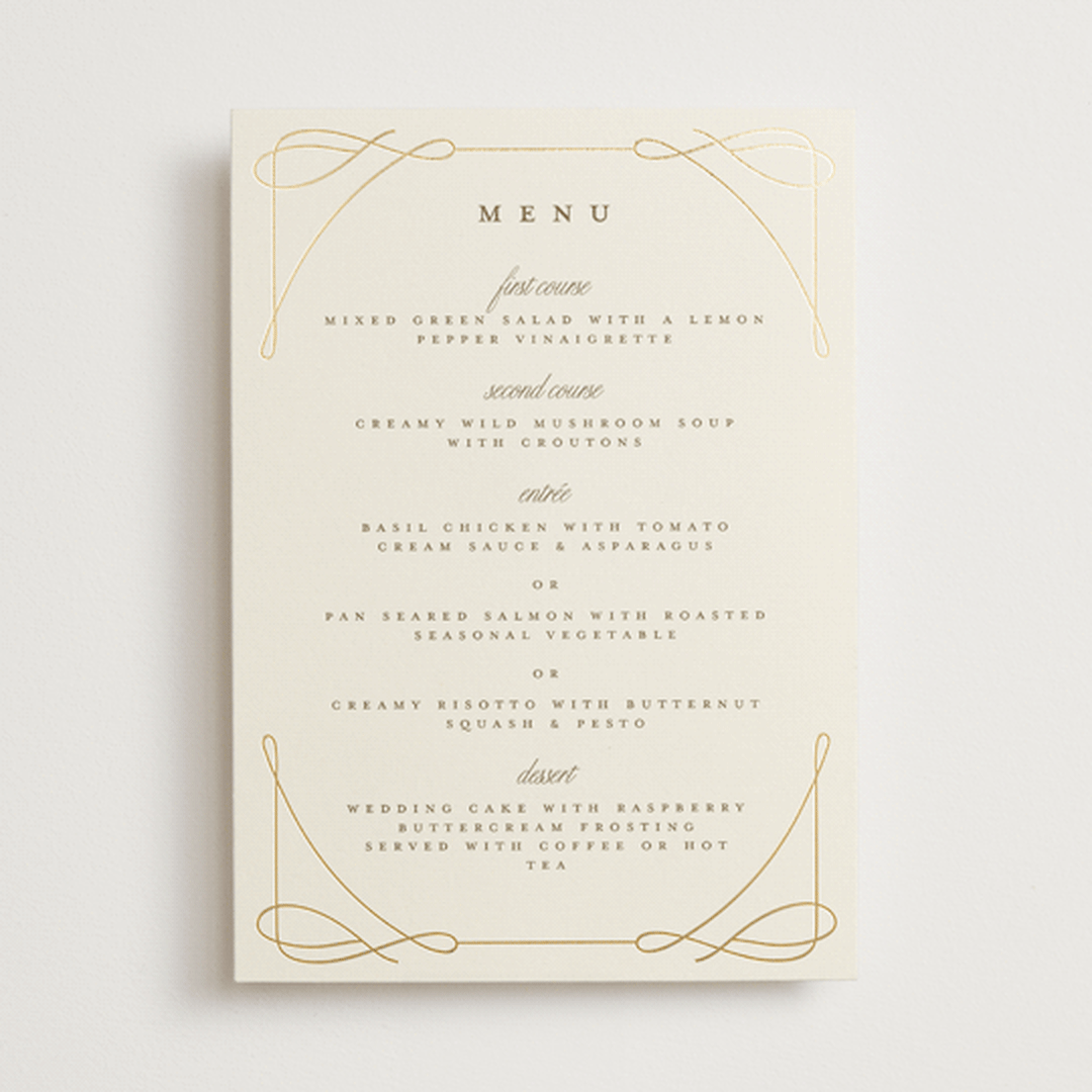 "Simple Art Nouveau" - Foil-Pressed Menus in Cream by Katie Zimpel - Front