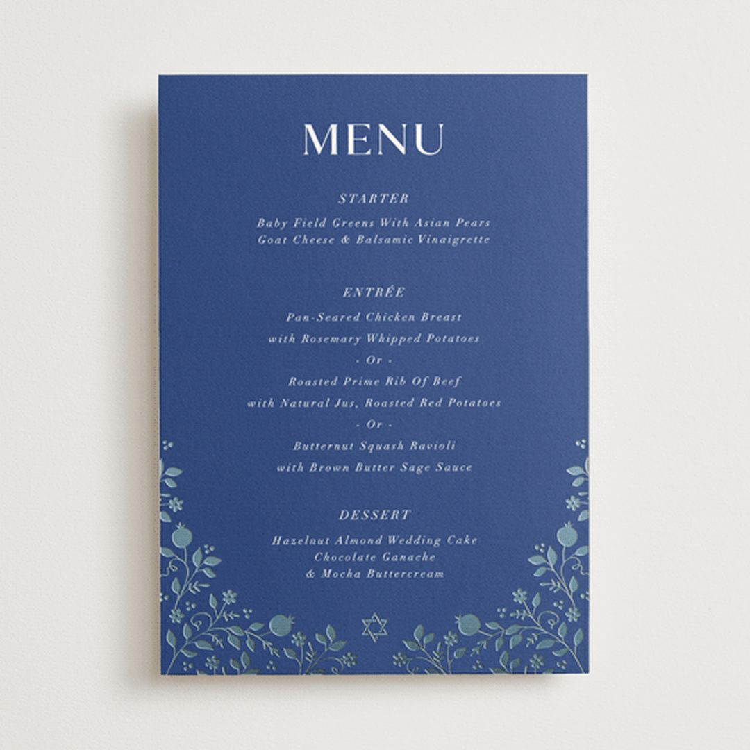 "Pomegranate Floral Frame" - Foil-Pressed Menus in Royal by Nam Bourassa - Front
